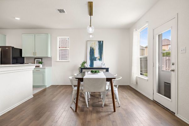 Dining room, Interior, Pendant Lights, Recessed Lighting, Wood Texture Flooring