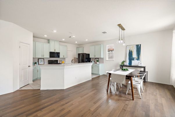 Dining room, Interior, Kitchen, Pendant Lights, Recessed Lighting, Wood Texture Flooring