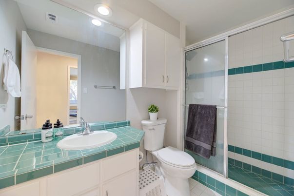 Bathroom, Glass Shower, Interior, Recessed Lighting, Tile Countertops