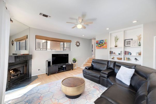 Fireplace, Interior, Living room, Recessed Lighting, Wood Texture Flooring