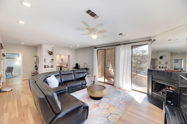 Fireplace, Interior, Living room, Recessed Lighting, Wood Texture Flooring