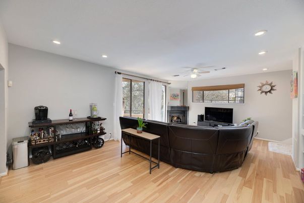 Fireplace, Interior, Living room, Recessed Lighting, Wood Texture Flooring