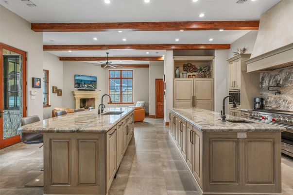 Fireplace, Interior, Kitchen, Recessed Lighting, Stainless Steel Appliances, Wooden Beams