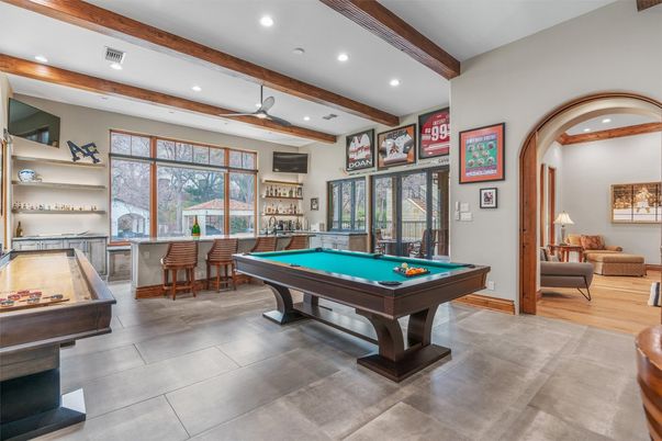 Billiard Table, Game Room, Interior, Recessed Lighting, Wooden Beams, Wood Texture Flooring