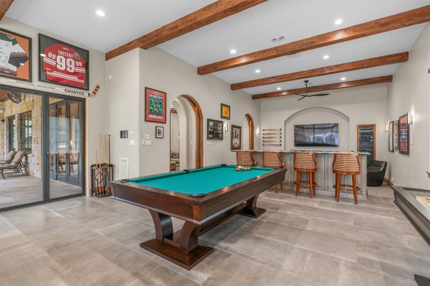 Billiard Table, Game Room, Interior, Recessed Lighting, Wooden Beams