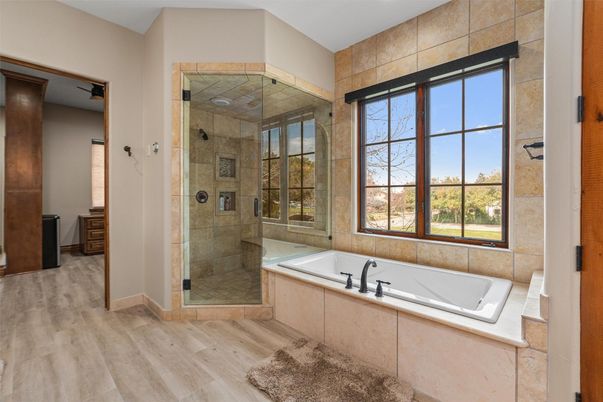 Bathroom, Glass Shower, Interior, Wood Texture Flooring