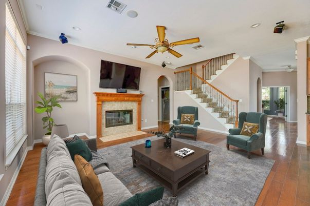 Fireplace, Interior, Living room, Recessed Lighting, Wood Texture Flooring