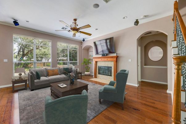 Fireplace, Interior, Living room, Recessed Lighting, Wood Texture Flooring