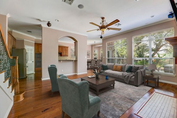 Dining room, Interior, Living room, Recessed Lighting, Wood Texture Flooring
