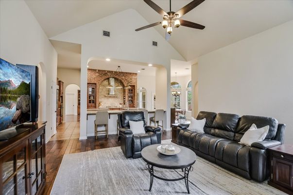 Interior, Kitchen, Living room, Recessed Lighting, Stone Walls, Wood Texture Flooring