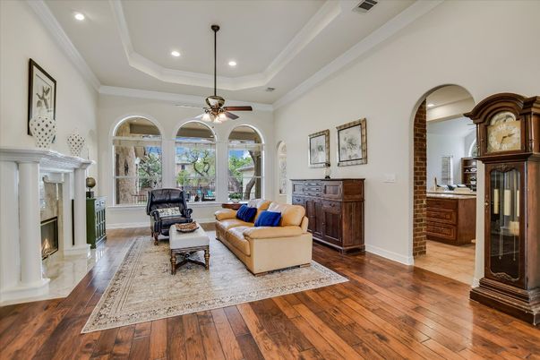 Fireplace, Interior, Living room, Recessed Lighting, Wood Texture Flooring