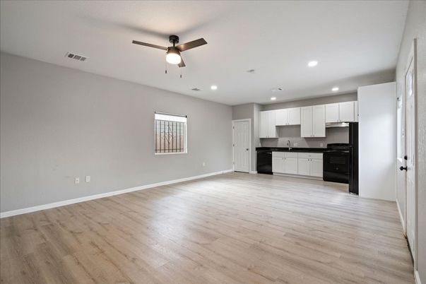 Empty room, Interior, Kitchen, Recessed Lighting, Wood Texture Flooring