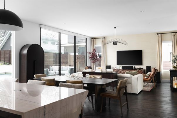 Dining room, Interior, Living room, Pendant Lights, Recessed Lighting, Wood Texture Flooring