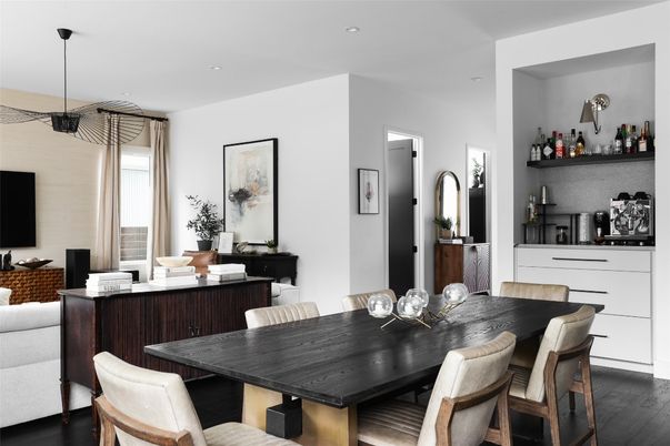Dining room, Interior, Pendant Lights, Recessed Lighting, Wood Texture Flooring