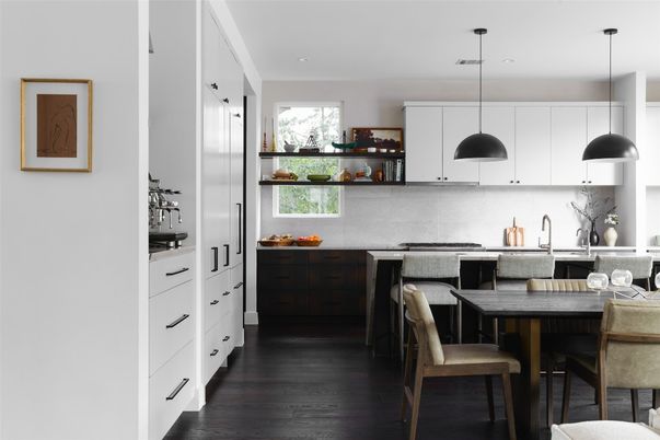 Dining room, Interior, Kitchen, Pendant Lights, Recessed Lighting, Wood Texture Flooring