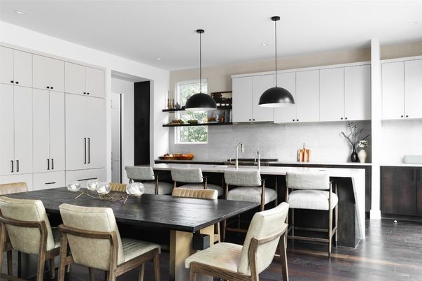 Dining room, Interior, Kitchen, Pendant Lights, Recessed Lighting, Wood Texture Flooring