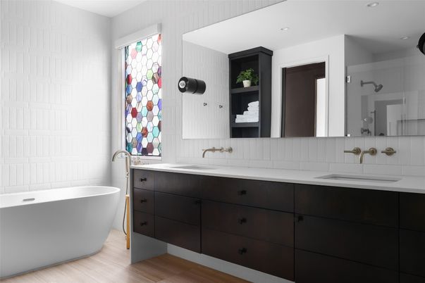 Bathroom, Dual Sink Vanities, Free Standing Baths, Interior, Recessed Lighting, Wood Texture Flooring