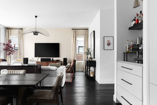 Dining room, Interior, Living room, Pendant Lights, Recessed Lighting, Wood Texture Flooring