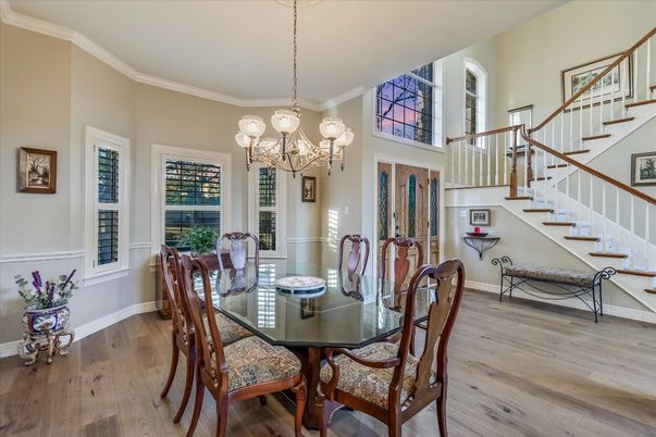 Chandelier, Dining room, Interior, Wood Texture Flooring