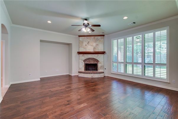 Empty room, Fireplace, Interior, Recessed Lighting, Wood Texture Flooring
