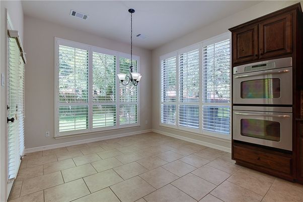 Chandelier, Empty room, Interior, Kitchen, Pendant Lights, Stainless Steel Appliances