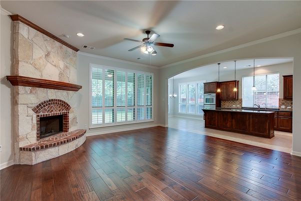 Fireplace, Interior, Kitchen, Pendant Lights, Recessed Lighting, Wood Texture Flooring
