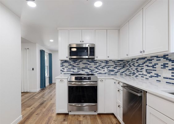 Interior, Kitchen, Recessed Lighting, Stainless Steel Appliances, Wood Texture Flooring