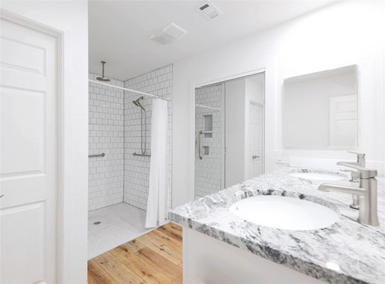 Bathroom, Glass Shower, Interior, Wood Texture Flooring