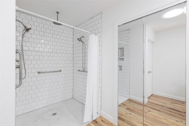 Bathroom, Glass Shower, Interior, Recessed Lighting, Wood Texture Flooring