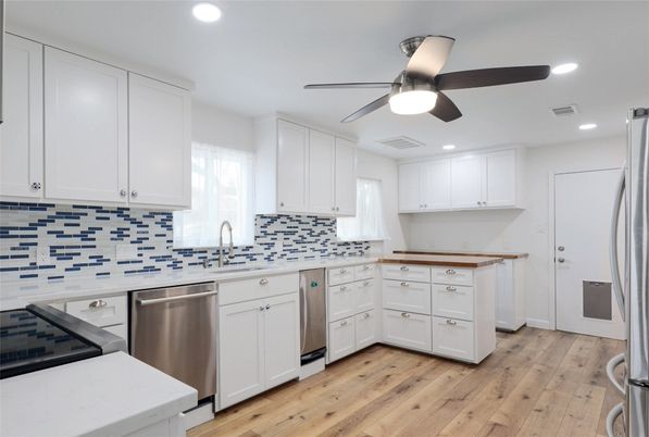 Interior, Kitchen, Recessed Lighting, Stainless Steel Appliances, Wood Texture Flooring