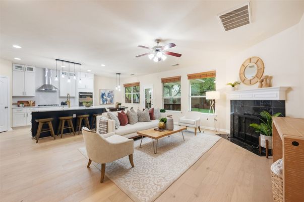 Fireplace, Interior, Kitchen, Living room, Pendant Lights, Recessed Lighting, Wood Texture Flooring