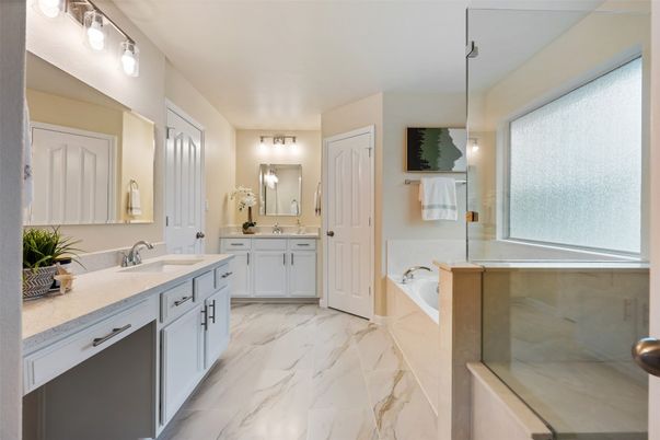Bathroom, Dual Sink Vanities, Glass Shower, Interior, Marble, Pendant Lights