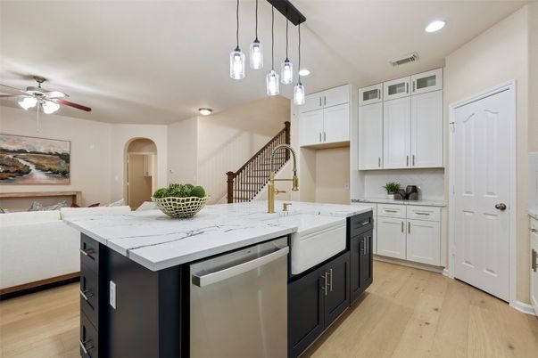 Interior, Kitchen, Pendant Lights, Recessed Lighting, Wood Texture Flooring