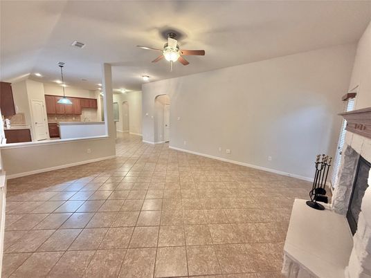 Empty room, Fireplace, Interior, Kitchen, Pendant Lights, Recessed Lighting