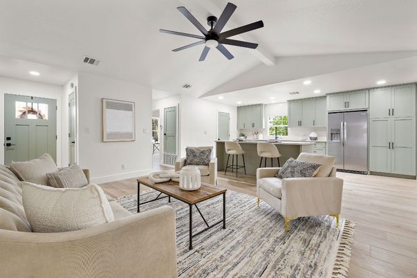 Interior, Kitchen, Living room, Recessed Lighting, Stainless Steel Appliances, Wood Texture Flooring