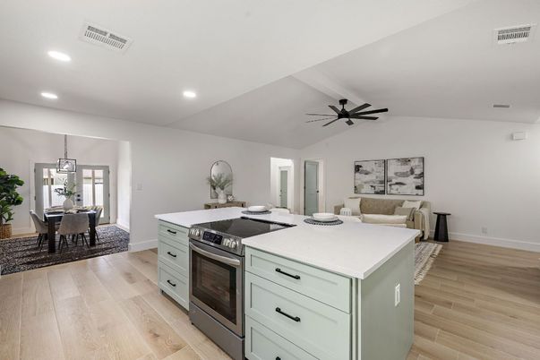 Dining room, Interior, Kitchen, Living room, Pendant Lights, Recessed Lighting, Wood Texture Flooring