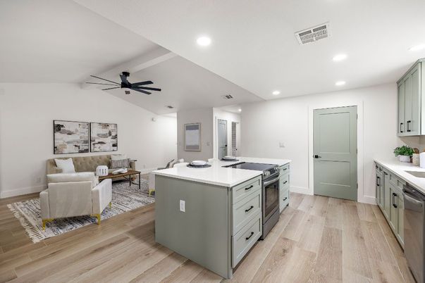 Interior, Kitchen, Living room, Recessed Lighting, Wood Texture Flooring