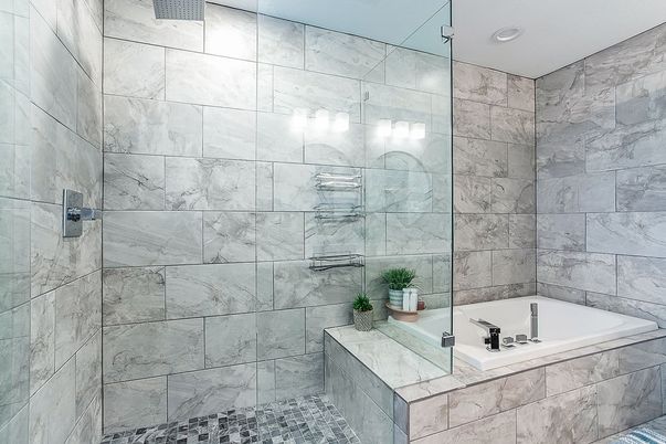 Bathroom, Glass Shower, Interior, Marble Walls, Recessed Lighting