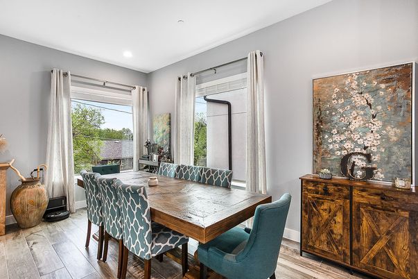 Dining room, Interior, Recessed Lighting, Wood Texture Flooring