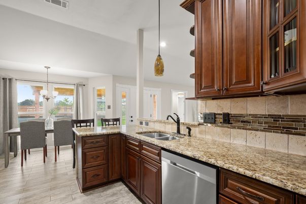 Dining room, Interior, Kitchen, Pendant Lights, Recessed Lighting, Wood Texture Flooring