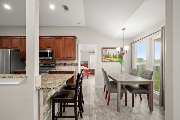 Dining room, Interior, Kitchen, Pendant Lights, Recessed Lighting, Stainless Steel Appliances, Wood Texture Flooring