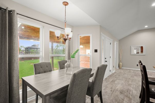 Dining room, Interior, Pendant Lights, Recessed Lighting, Wood Texture Flooring