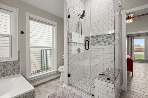 Bathroom, Glass Shower, Interior, Wood Texture Flooring