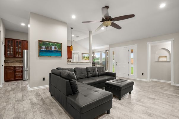 Interior, Living room, Pendant Lights, Recessed Lighting, Wood Texture Flooring