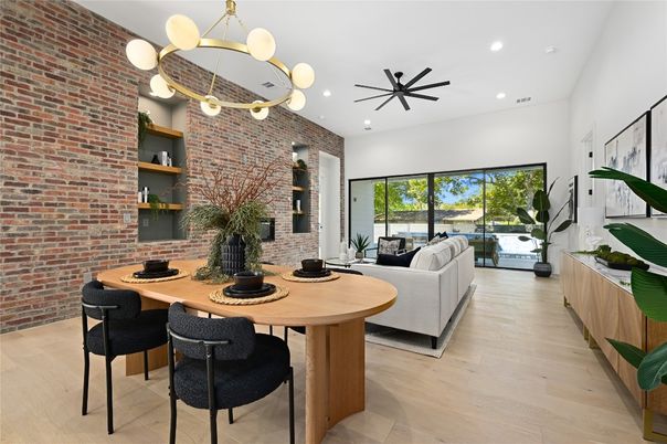 Dining room, Interior, Living room, Pendant Lights, Recessed Lighting, Stone Walls, Wood Texture Flooring