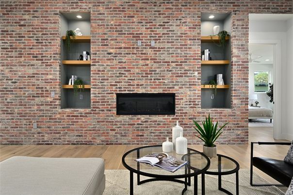 Fireplace, Interior, Recessed Lighting, Stone Walls, Wood Texture Flooring