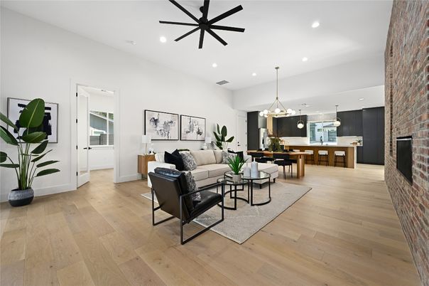 Interior, Kitchen, Living room, Pendant Lights, Recessed Lighting, Stone Walls, Wood Texture Flooring