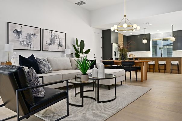 Chandelier, Dining room, Interior, Kitchen, Living room, Pendant Lights, Recessed Lighting, Wood Texture Flooring