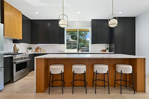Interior, Kitchen, Pendant Lights, Recessed Lighting, Stainless Steel Appliances, Wood Texture Flooring
