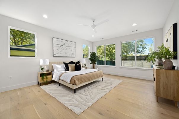Bedroom, Interior, Recessed Lighting, Wood Texture Flooring